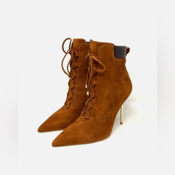 Good American Suede Tobacco Lace Up Gold Heel Pointed Toe Booties NIB Size 8 - Picture 3 of 6